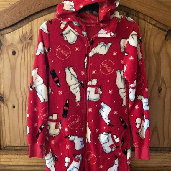 Women’s Coca Cola red polar bear hooded footed one piece pajamas size M - Picture 3 of 10